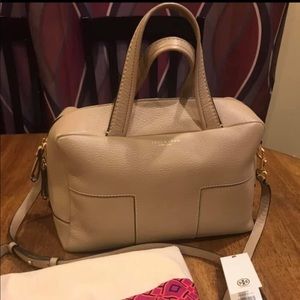 Tory Burch Leather Block T Pebbled Zip Satchel